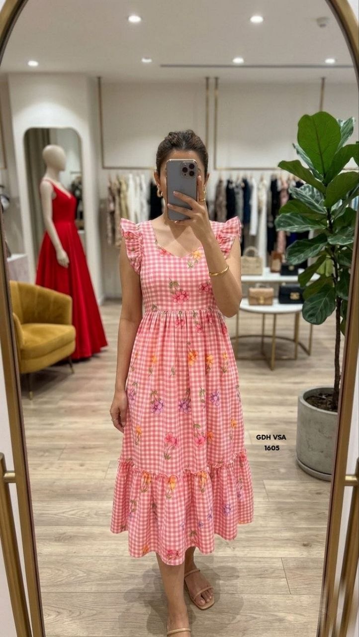 Gingham Floral Cotton Maxi dress - Pink